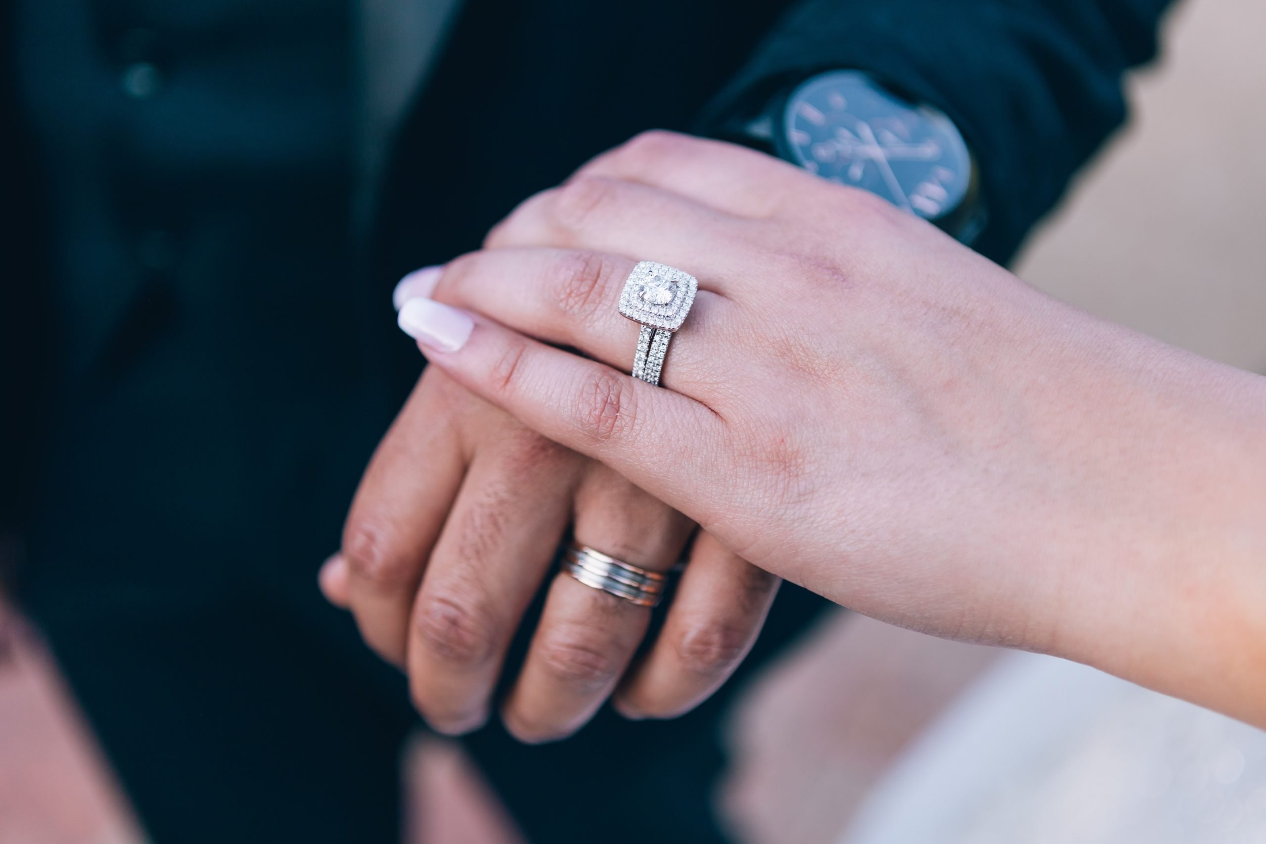 French Pave Cut Engagement Ring and Wedding Band Set