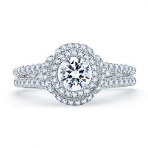 QUILTED SPILT SHANK ROUND DOUBLE HALO ENGAGEMENT RING