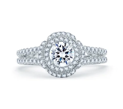 QUILTED SPILT SHANK ROUND DOUBLE HALO ENGAGEMENT RING