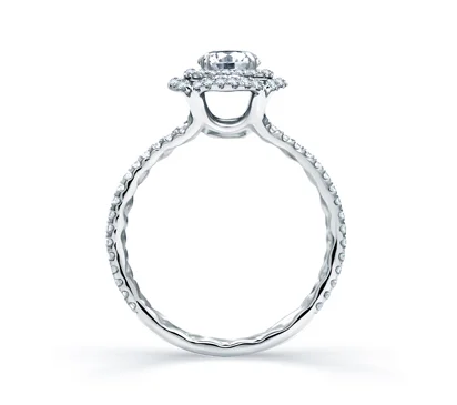 QUILTED SPILT SHANK ROUND DOUBLE HALO ENGAGEMENT RING