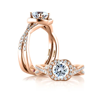 Rose Gold Crossover Diamond with Natural Pink Diamonds Embedded in Signature "A" Engagement Ring