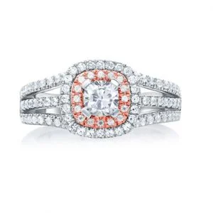  Double Halo Rose Gold Diamond Cushion Frame Three Row Engagement Ring