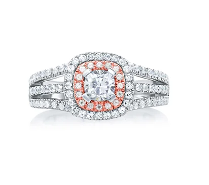  Double Halo Rose Gold Diamond Cushion Frame Three Row Engagement Ring