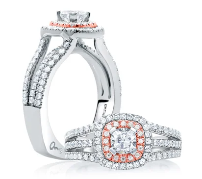  Double Halo Rose Gold Diamond Cushion Frame Three Row Engagement Ring