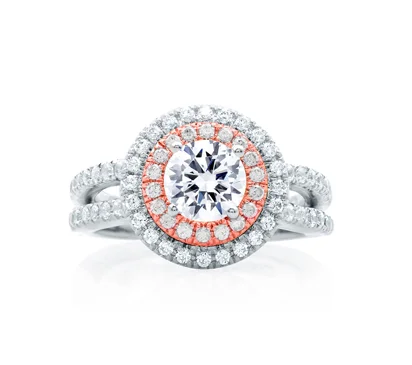  Double Halo Rose Gold Diamond Split Shank Engagement Ring