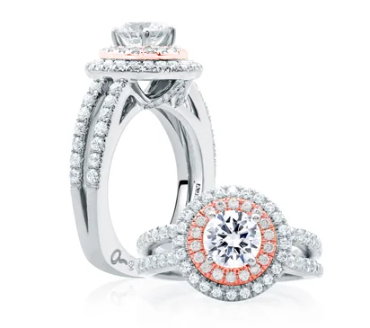  Double Halo Rose Gold Diamond Split Shank Engagement Ring