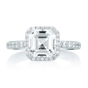  Deco Tower Halo Engagement Ring with Asscher Cut Diamond Center