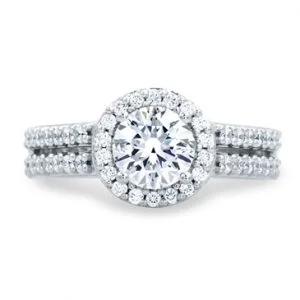 Classic Split Shank Round Diamond Center Halo Engagement Ring