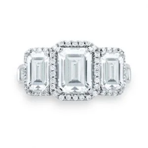 Classic Three Stone Emerald Cut Halo Engagement Ring