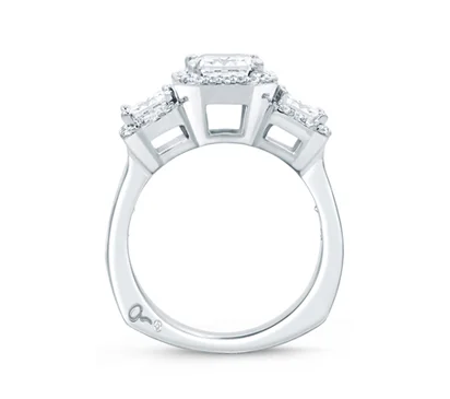 Classic Three Stone Emerald Cut Halo Engagement Ring