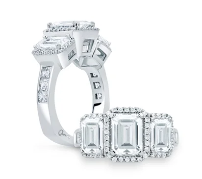Classic Three Stone Emerald Cut Halo Engagement Ring