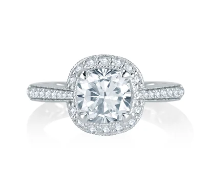 Stunning Four Prong Halo Cushion Cut Diamond Quilted Engagement Ring