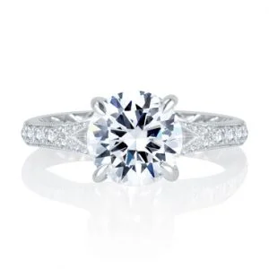 Unique Floral Split Shank Four Prong Round Diamond Quilted Engagement Ring