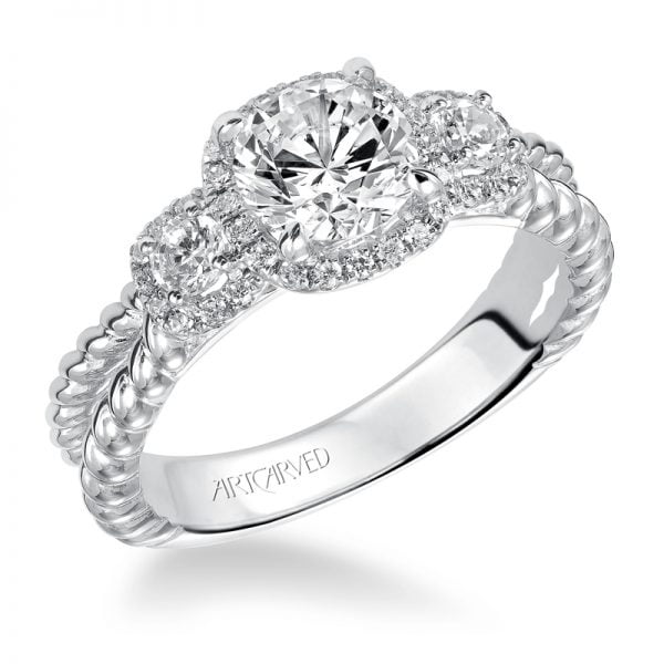 Mandy' 3 Stone Halo Prong Set Engagement Ring  - 31-V548ERW-E.00