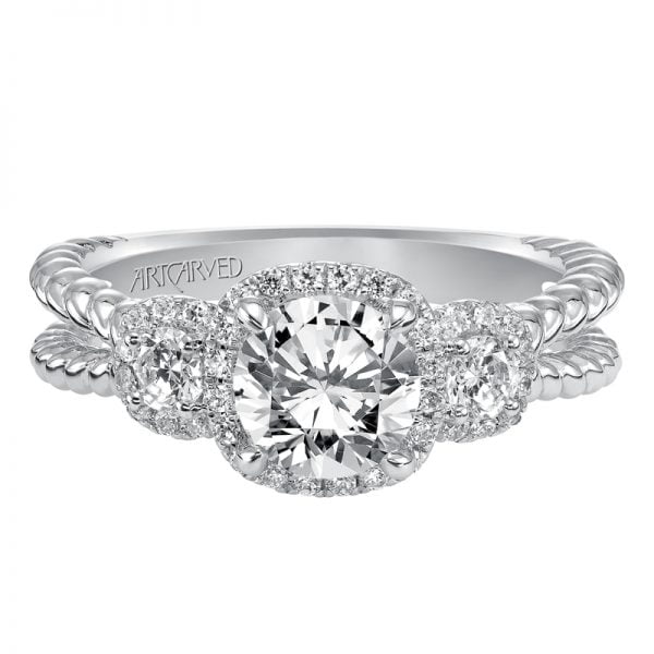 Mandy' 3 Stone Halo Prong Set Engagement Ring  - 31-V548ERW-E.00