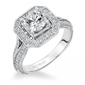 Delphine' Halo Hand Engraved Diamond Engagement Ring  - 31-V632ERW-E.00