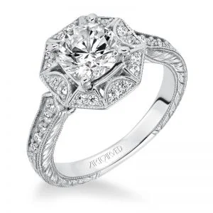 Wihelmina' Halo Hand Engraved Diamond Engagement Ring  - 31-V635FRW-E.00