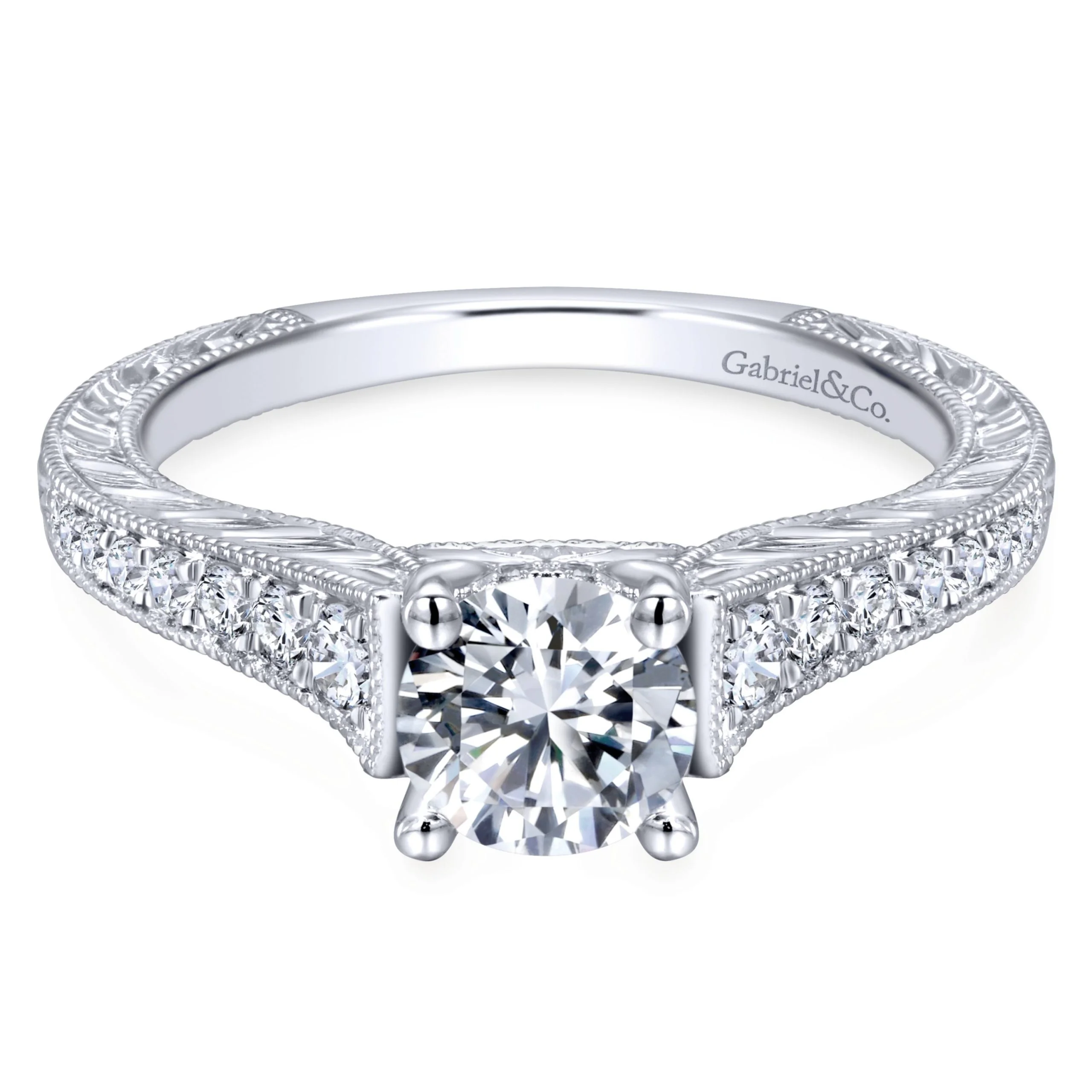 14k White Gold Victorian Pave Diamonds Engagement Ring
