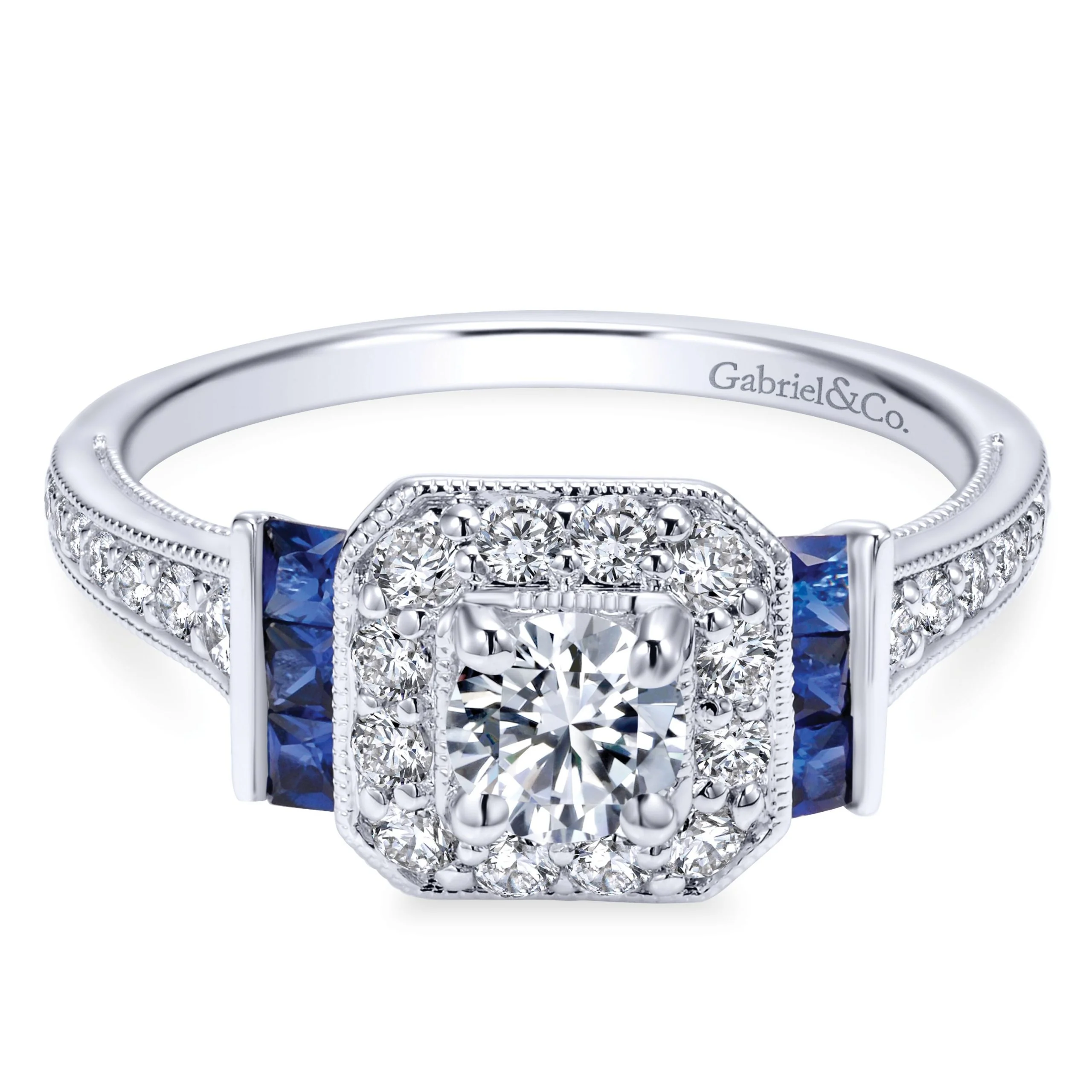 14k White Gold Diamond and Two-Side Sapphire Contemporary Engagement Ring