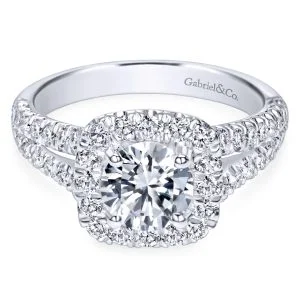 14K White Gold Halo Diamond Contemporary Engagement Ring