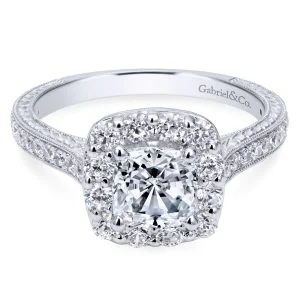 14K White Gold Cushion Cut Victorian Engagement Ring