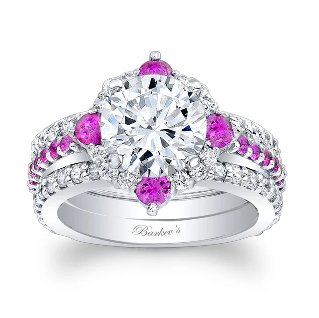 Pink Sapphire Halo Bridal Set