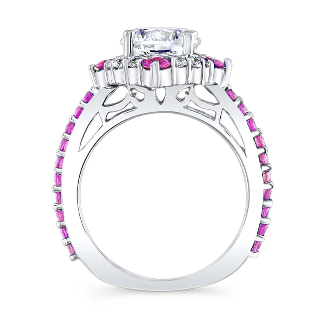 Pink Sapphire Halo Bridal Set