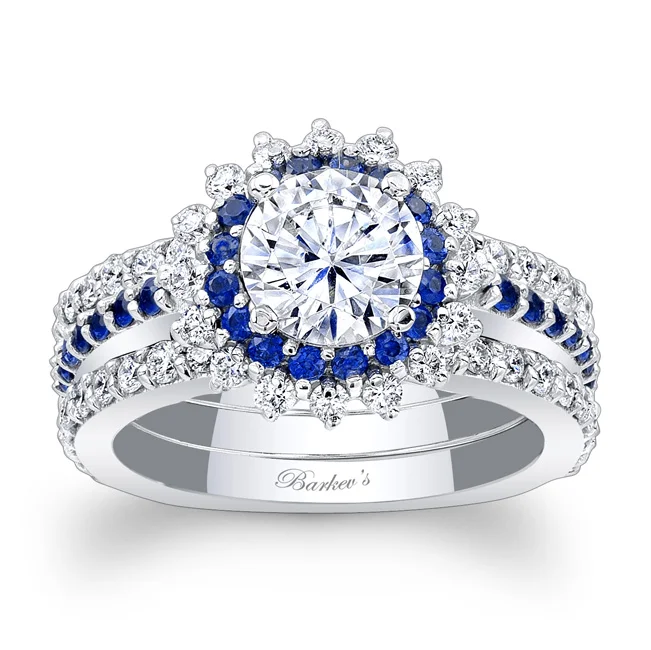 Blue Sapphire Halo Bridal Set