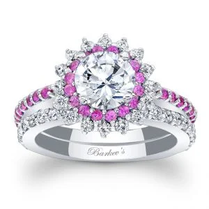 Pink Sapphire Halo Bridal Set
