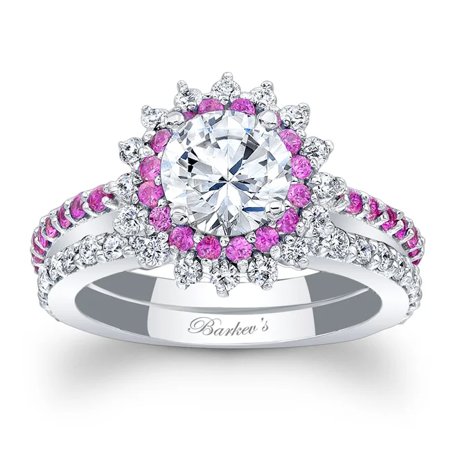 Pink Sapphire Halo Bridal Set