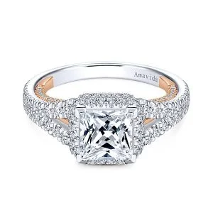 18k White/Rose Gold Princess Cut Halo Diamond Engagement Ring