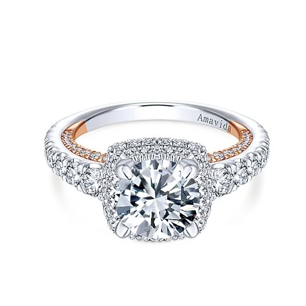 18k White/Rose Gold Round Halo Diamond Engagement Ring