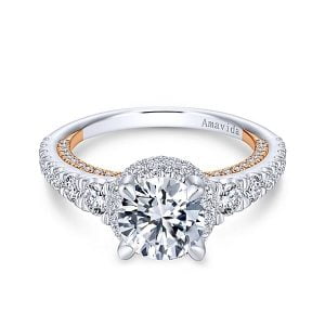 18k White/Rose Gold Round Double Halo Diamond Engagement Ring