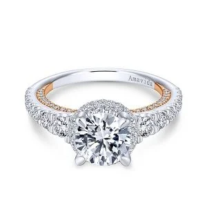 18k White/Rose Gold Round Double Halo Diamond Engagement Ring