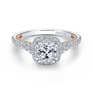 18k White/Rose Gold Cushion Cut Halo Diamond Engagem