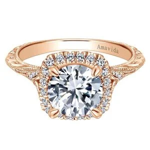 Vintage 18k Rose Gold Round Halo Diamond Engagement Ring