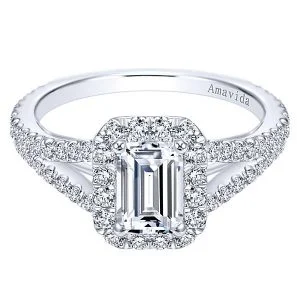 18k White Gold Amavida Emerald Cut Halo Diamond Engagement Ring