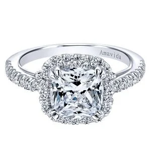 18k White Gold Amavida Cushion Cut Halo Diamond Engagement Ring