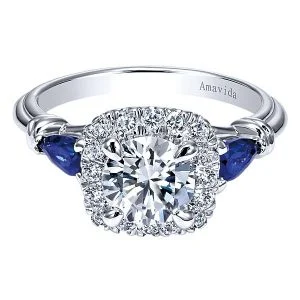 18k White Gold Amavida Round Halo Diamond A Quality Sapphire Engagement Ring