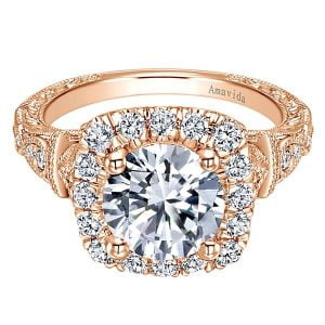 Vintage 18k Rose Gold Amavida Round Halo Diamond Engagement Ring