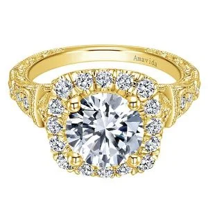 Vintage 18k Yellow Gold Amavida Round Halo Diamond Engagement Ring