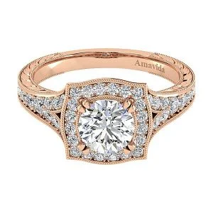 Vintage 18k Rose Gold Round Halo Diamond Engagement Ring
