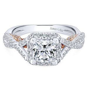18k White/Rose Gold Princess Cut Halo Diamond Engagement Ring