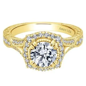 Vintage 18k Yellow Gold Amavida Round Halo Diamond A Quality Sapphire Engagement Ring