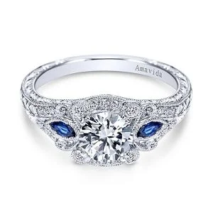 Vintage Platinum Amavida Round 3 Stones Halo Diamond A Quality Sapphire Engagement Ring