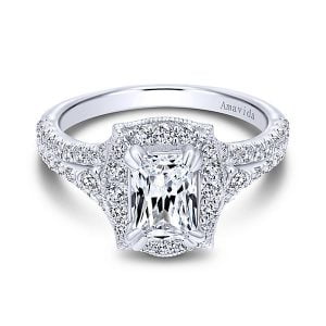18k White Gold Emerald Cut Halo Diamond Engagement Ring