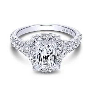 18k White Gold Emerald Cut Halo Diamond Engagement Ring