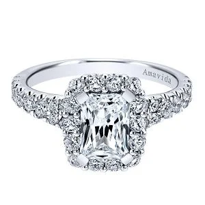 18k White Gold Emerald Cut Halo Diamond Engagement Ring
