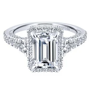 18k White Gold Emerald Cut Halo Diamond Engagement Ring