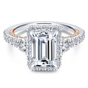 18k White/Rose Gold Emerald Cut Halo Diamond Engagement Ring